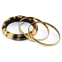 Set of 3 Vintage Faut Leather, Metal Gold Tone Bangle Animal Design  - $7.89