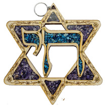 Wooden Handmade Carved Star of David w/ Gemstone &amp; Hai Good Luck Amulet ... - $17.46