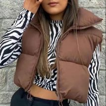 Women's Solid High Neck Puffer Vest - Coffee - 2XL - $17.82