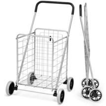 Folding Shopping Cart Heavy Duty Grocery Rolling Utility Cart with Handle Silver - £73.93 GBP