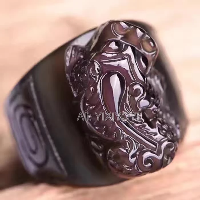Beautiful Natural Ice Rainbow Obsidian Carved Chinese PiXiu Lucky Thumb Ring Fas - £39.70 GBP