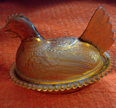 Vintage Indiana Glass Gold Amber Glass Hen On Nest Dish 7&quot; Golden Honey - £36.93 GBP