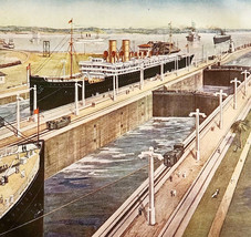 1916 Locks On The Panama Canal Color Plate Print Art Ships Nautical DWSS15 - $364.42 MXN