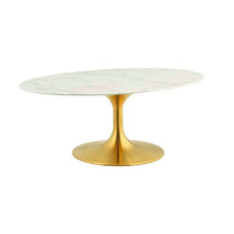 42&quot; Oval Pedestal Stem Coffee Table Genuine Stone Faux Marble Top Gold Base - $757.96