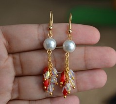 White and red Ab crystal teardrop with white glass pearl cluster earring - £19.98 GBP