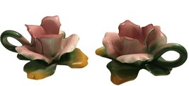 Vintage Pink Rose Roses Taper Candle Holders Set of 2 Porcelain Italy MCM - £21.23 GBP
