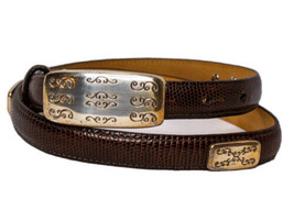 Brighton 41409 Genuine Brown Leather Croc Embossed Belt Gold Tone Plates Size S - £11.78 GBP