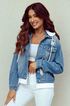 Sky Blue Distressed Contrast Hooded Denim Jacket with Pockets - $66.99