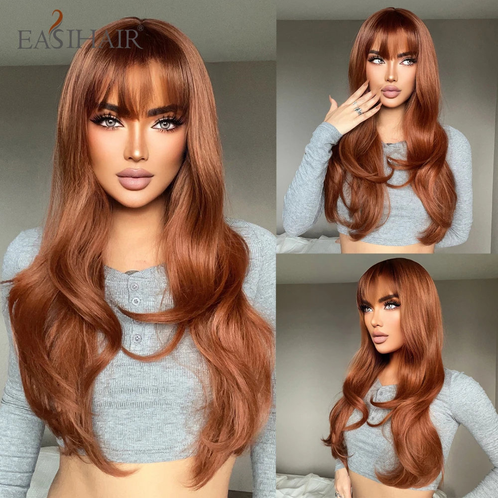 EASIHAIR Long Wavy Copper Ginger Synthetic Wigs with Bang Auburn Red Brown Hair - £21.47 GBP+