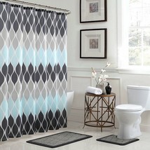 Blue Gray Grey Geometric 15 pc Shower Curtain Set Fabric Hooks 72 Inch Bath Rugs - £68.73 GBP