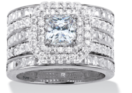 Princess Halo Cz Bridal 3 Ring Set Band Platinum Sterling Silver 6 7 8 9 10 - £235.89 GBP