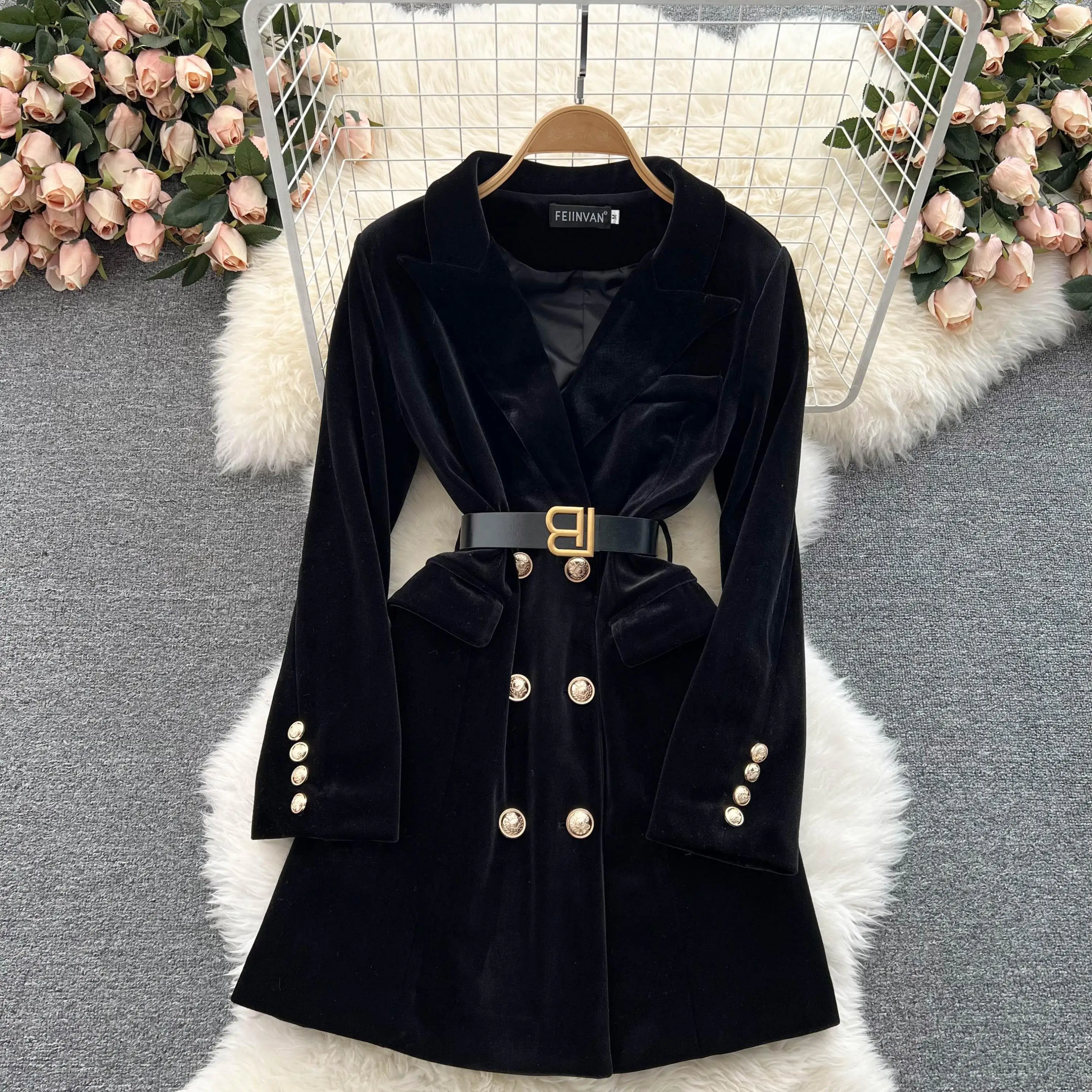 Women Black Velvet Blazer Coat 2021 Autumn Winter Ladies Notched Collar Long Sle - £126.80 GBP