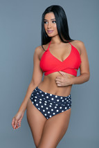 2 pc bikini set with halter top criss cross tummy design and polka dot high-wais - £40.76 GBP