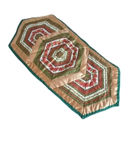 Holiday Table Runner, Quilted, Gold Metallic, Green Red Flower  - $99.00