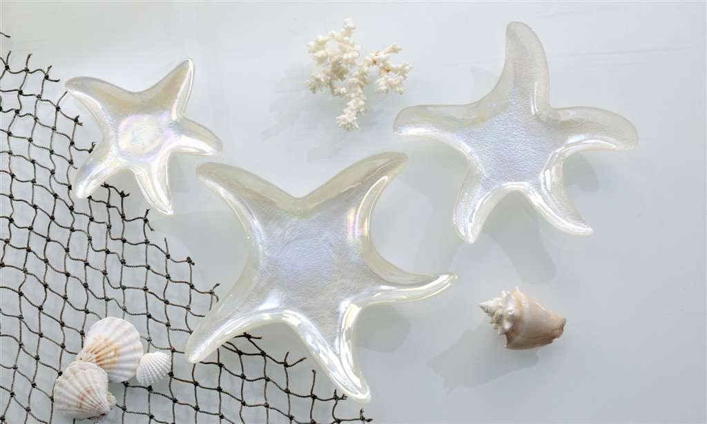 Starfish Plates Set of 3 Pearlized Nesting White Glass Nautical Ocean Seaside - $34.64