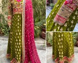 Pakistani Green &amp; Pink Long Maxi Style Embroidered Sequins Chiffon Dress,S - £114.74 GBP