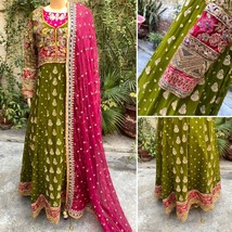 Pakistani Green &amp; Pink Long Maxi Style Embroidered Sequins Chiffon Dress,S - £112.88 GBP