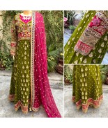 Pakistani Green &amp; Pink Long Maxi Style Embroidered Sequins Chiffon Dress,S - £114.39 GBP