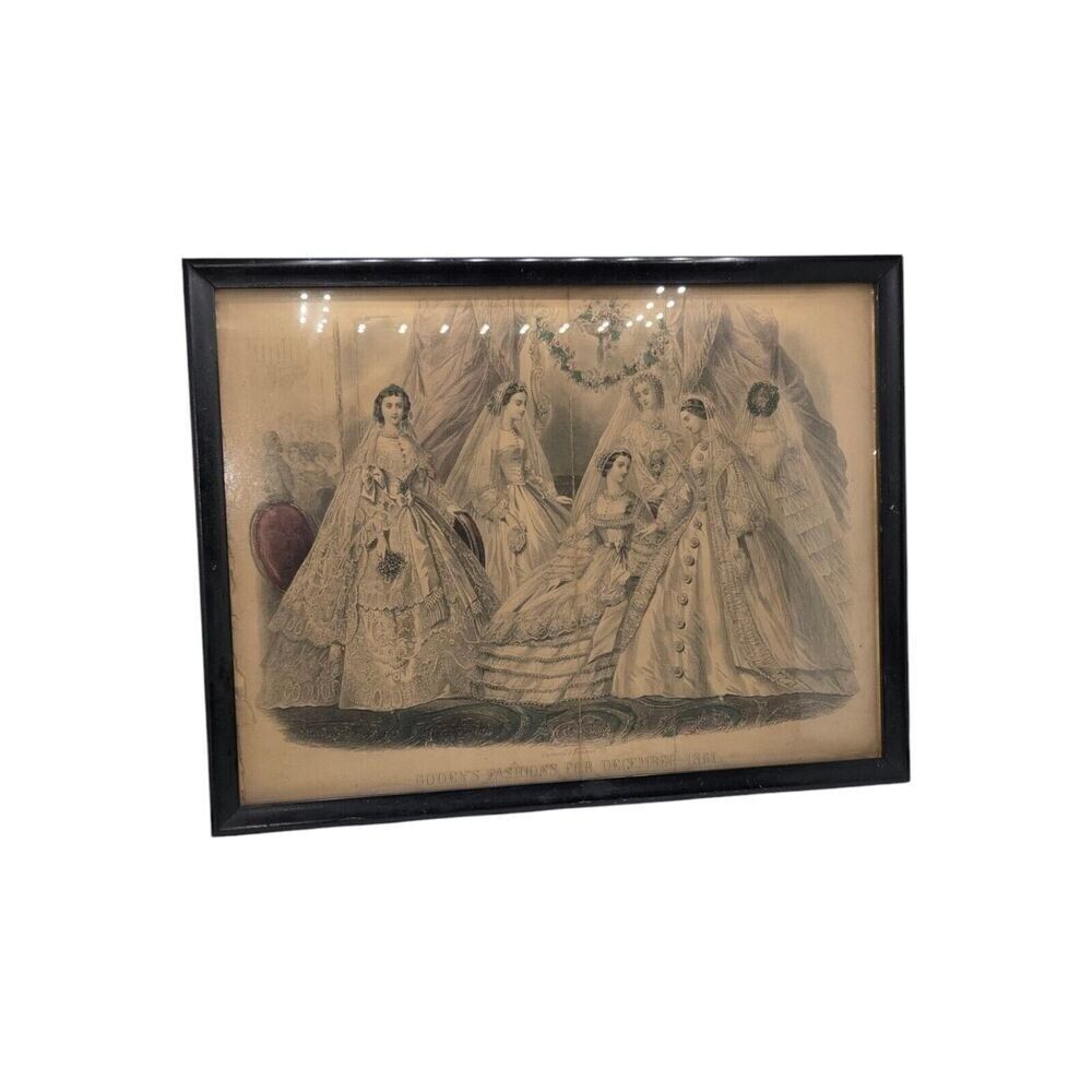 Antique 1861 Godey&#39;s Fashions Hand Colored Fashion Print 10x13 - $34.11