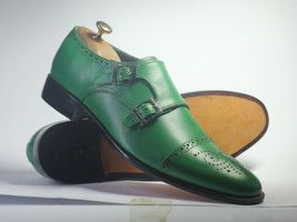 Handmade Men Green Cap Toe Brogue Double Monk Shoes, Men Leather Designer Shoes - £113.77 GBP+