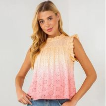 Womens Sleeveless Ruffle Pink Tie Dye Eyelet Top - MEDIUM - $14.85