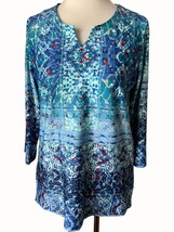 N Touch quarter sleeve spandex  blue geometric relaxed fit tunic top Small - £21.93 GBP