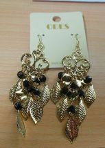 Odes Gold-tone &amp; Black Bead Dangle Leaves Hook Earrings 3.5" Long - $16.82