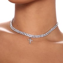 Double Row Cross Necklace Women Gothic Punk Luxury Charm Vertical Tennis... - £27.29 GBP