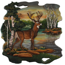 Deer in Woods Hand Crafted Intarsia Wood Art Wall Hanging 26 X 26 X 2.5 Inches - $174.24