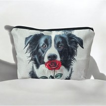 Border Collie with Rose Zipper Pouch – Dog Lover Gift, Canvas Makeup Bag - $11.83