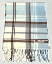 100% CASHMERE SCARF Plaid Light Blue/Cream/Brown Made in England Warm Wool Wrap - £7.58 GBP