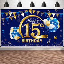 Happy 15Th Birthday Banner Decorations for Boy - Blue Gold 15 Birthday B... - $19.56