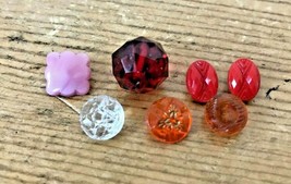 Vintage Antique Mid Century Set Lot 7 Glass Shank Buttons Red Pink Clear... - $29.99