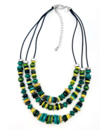 Chico&#39;s Layered Three Strand Green Chartreuse Beaded Necklace Black Cord - €15,27 EUR