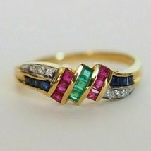 14K Yellow Gold Over Vintage Princess Ruby Emerald &amp; Sapphire Band Ring 1.65Ct - £81.59 GBP