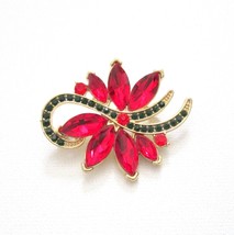 Vintage Poinsettia Christmas Brooch Red Green Rhinestones Holiday Jewelr... - £19.64 GBP