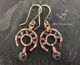 Handmade copper earrings: amethyst wire wrapped wagon wheels with dangle - $31.00