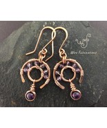 Handmade copper earrings: amethyst wire wrapped wagon wheels with dangle - £24.84 GBP