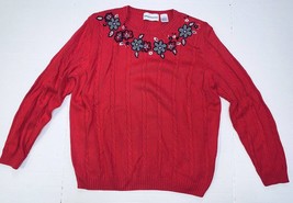 Alfred Dunner LG Womens Cable Knit Sweater Embroidered Flowers Beads Tomato Red - £11.92 GBP