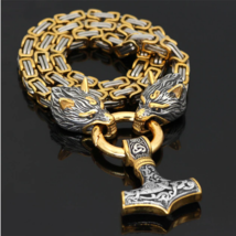 Dual Wolf Head Necklace Mix Gold Cross Norse Amulet Pendant - £31.17 GBP