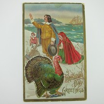 Thanksgiving Postcard Pilgrims Wild Turkey Sailing Ship Gold Embossed Antique - £7.86 GBP