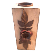 7 Inch Wooden Pillar Candle Holder with Rustic Flower Farmhouse Decor - £12.14 GBP