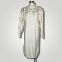 Vintage 1980s Sweater Dress Cream Embroidered Embellished Long Sleeve B1... - £34.29 GBP