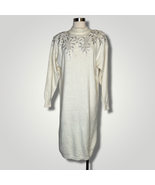 Vintage 1980s Sweater Dress Cream Embroidered Embellished Long Sleeve B1... - £34.40 GBP