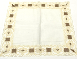 Vintage Linen Lace Trimmed Hankerchief Ivory and Brown 11.5 x 11.25 - £14.77 GBP