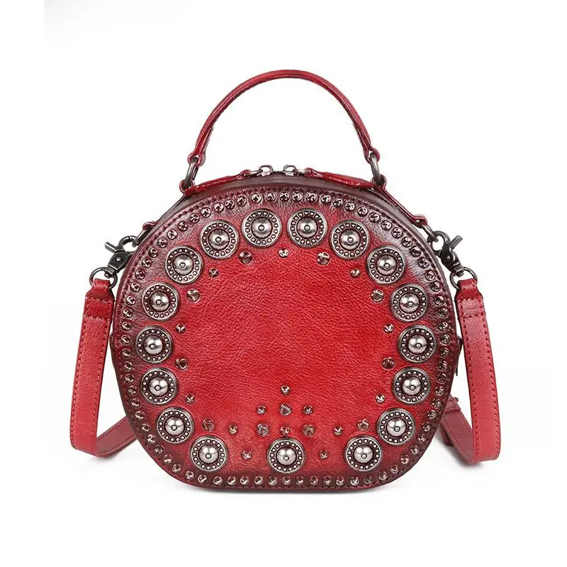  Vintage Handmade Shoulder Bags For Women Rivet Round Luxury Handbags Ladies  Le - £68.68 GBP