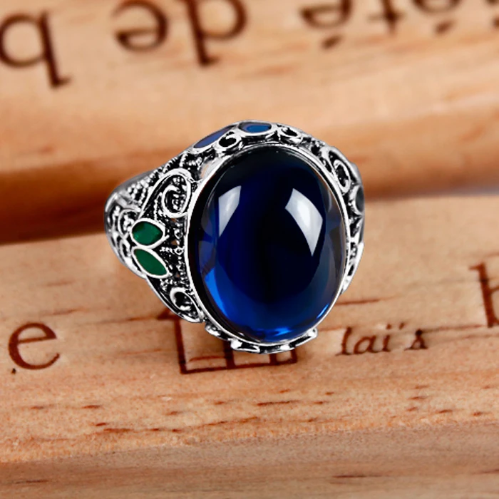 ZHJIASHUN Royal 925  Silver Round Rings Retro Silver Blue Precious Stone Ring Cl - $56.21