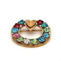 Vtg Sign 12K Gold Filled C.C. Curtis Creations Heart Colorful Rhinestones Brooch - £35.61 GBP