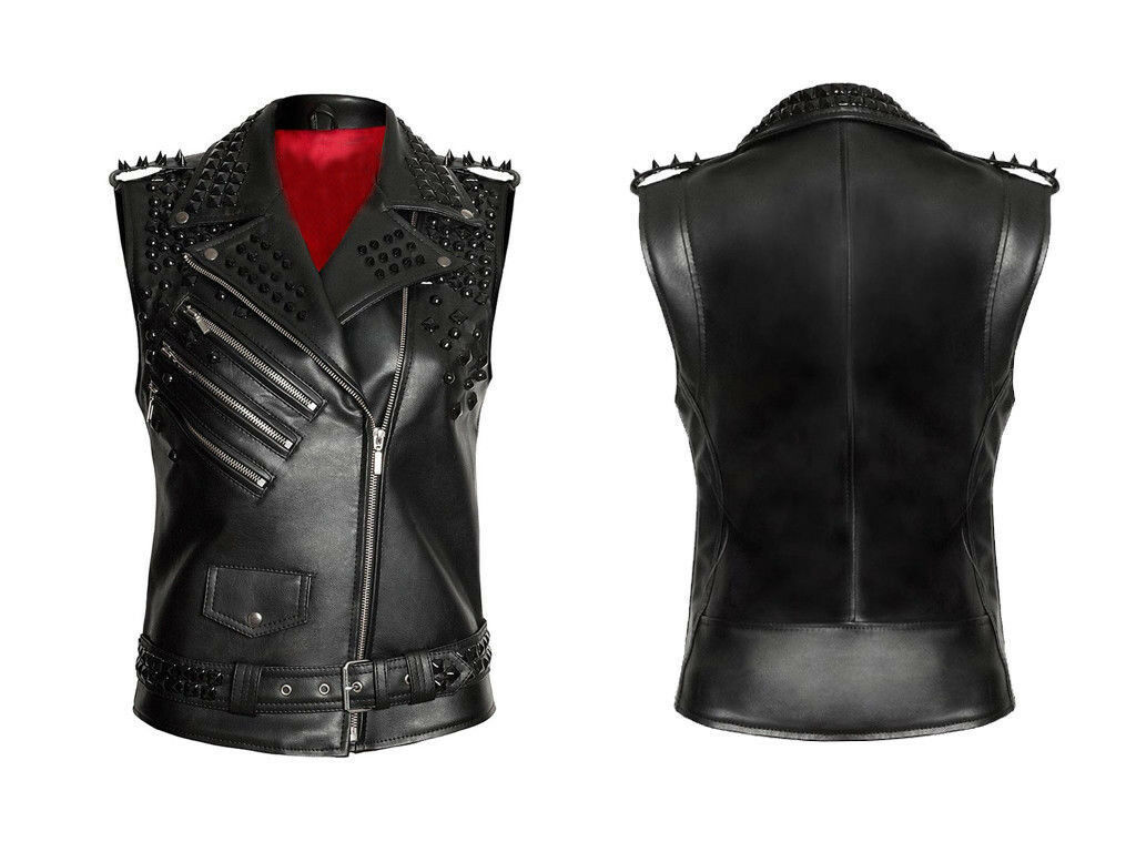 Men's Black Biker Spike Full Studded Zipper Style Belted Genuine Leather Vest
