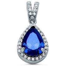 Lab-Created Blue &amp; White Sapphire Halo Pear Pendant - Solid Sterling Silver - £48.54 GBP